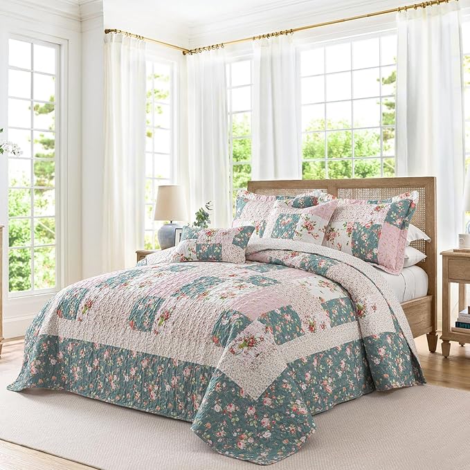BEDIFANY French Style Queen Size Quilt Set for Farmhouse - 3 Pieces Cotton Filling Garden Lightweight Bedspreads Queen with Floral Pattern - All Season Quilt Bedding Sets for Decorations