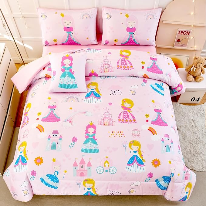 ANGIYUIN Pink Princess Queen Bedding Set Cartoon Rainbow Kids Bed Set Cute Fairy Tales Castle Bedding Set for Girls(1 Comforter, 1 Flat Sheet, 1 Fitted Sheet, 2 Pillowcases,1 Square Pillowcases)