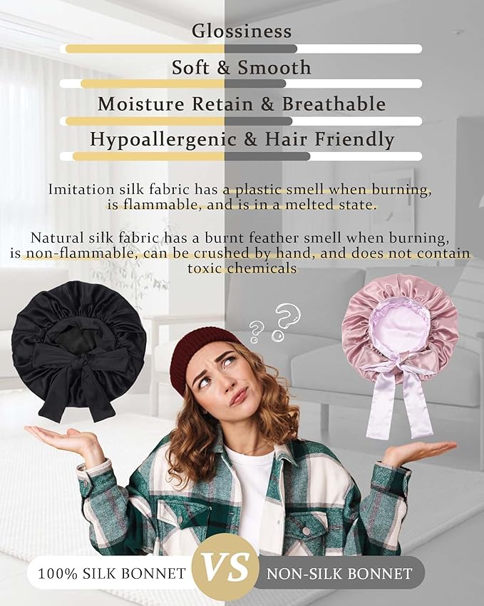 100% Mulberry Silk Bonnet for Sleeping Women Double Layer Silk Hair Bonnet Natural Silk Sleep Cap with Elastic Reversible Hair Wrap (Black)
