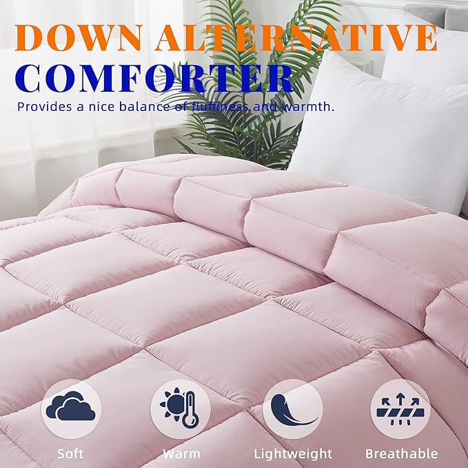 Cosybay Down Alternative Comforter (Pink/Light Grey, Full) - All Season Soft Quilted Full Size Bed Comforter - Duvet Insert with Corner Tabs - Winter Summer Warm Fluffy, 82x86inches