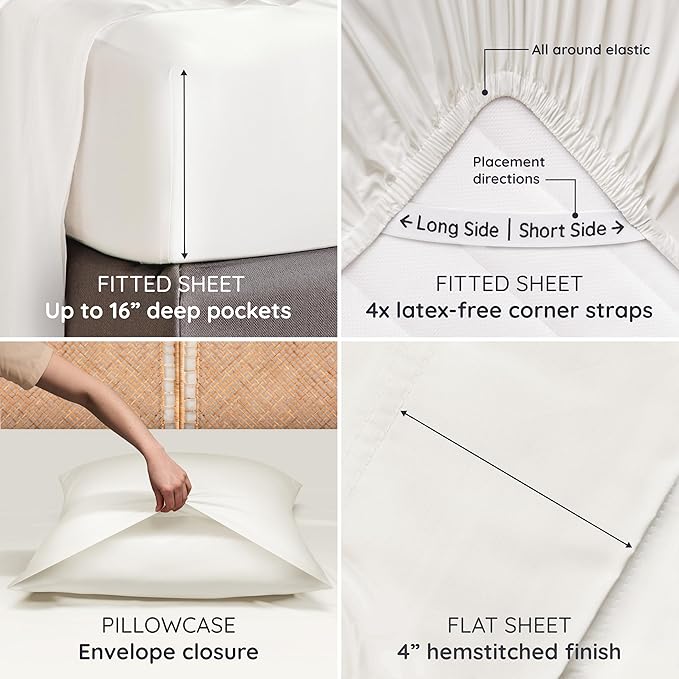Bambaw 100% Viscose Derived from Bamboo King Size Bed Sheet Set - 4pcs Luxury Cooling Sheets for Hot Sleepers, Soft Sheets, Fits Up to 16'' Deep Pocket (Ivory)