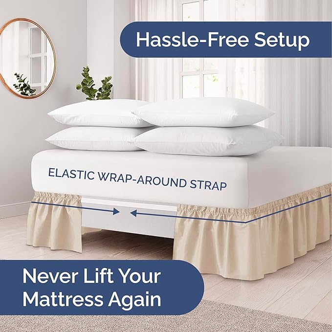 Wrap Around Dust Ruffle Bed Skirt - Cream - for Full Size Beds with 12 Inch Drop - Easy Fit Elastic Strap - Adjustable Pleated Bedskirt w/Brushed Fabric - Wrinkle Free - for Women, Men, Kids & Teens