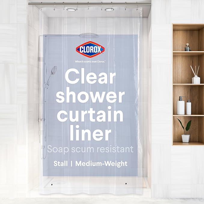 CLOROX Shower Curtain Liner, Premium Medium-Weight Durable Waterproof 6g PEVA for Bathroom with Weighted Magnets, Extra Long 54" x 78", Clear 1 Pack