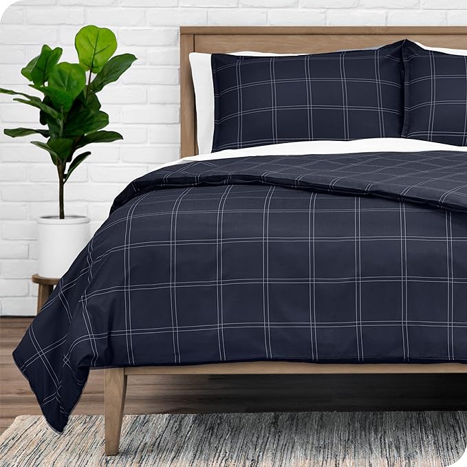 Bare Home Bedding Duvet Cover King Size - Premium 1800 Super Soft Collection - Lightweight, Cooling - Soft Breathable Bedding Duvet Cover (King, Modern Plaid - Midnight Blue/White)