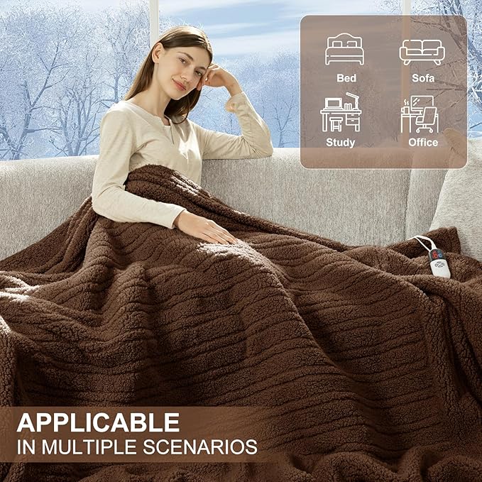 Heated Blanket Full Size 72"X84" Brown - Soft Double Sided Sherpa Electric Blanket Full Size with LED Display, 6 Heating Levels & 10 hrs Timer, Machine Washable & Fast Heating, Gift for Women