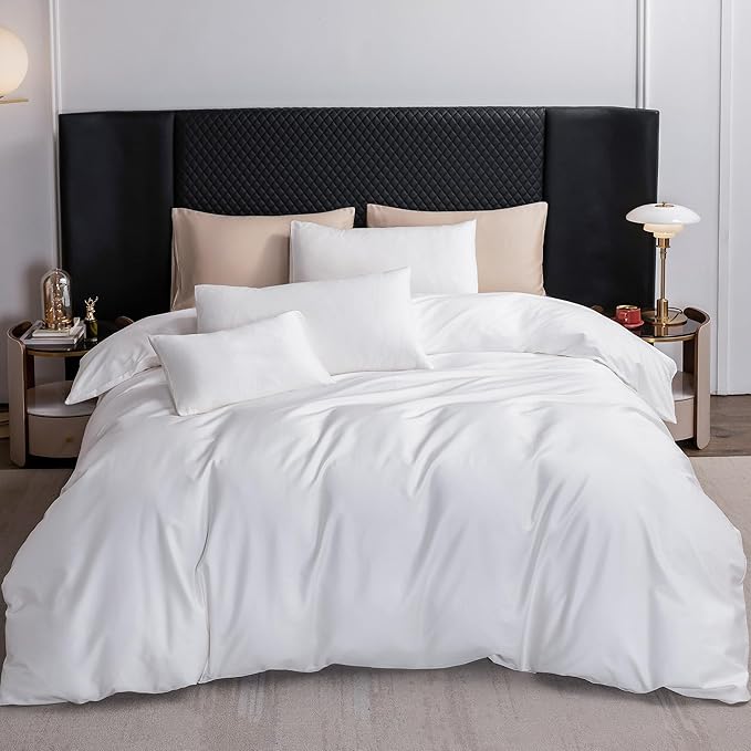 MooMee Duvet Cover Set 100% Extra Long Staple Cotton 600 Thread Count Silky Sateen Smooth Luxury Soft Breathable Durable Hotel Quality Bedding, 3 Pieces (White, Super Queen 90"x98")