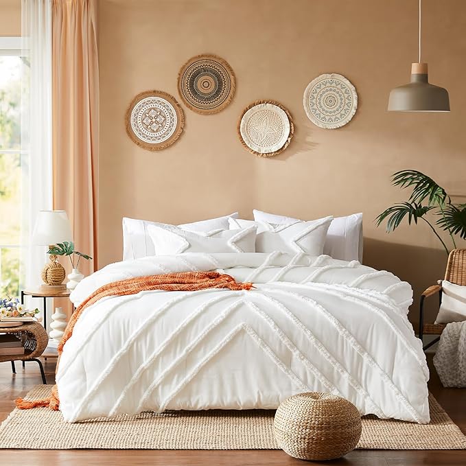 Cupocupa King Size Comforter Set;Ivory Comforters Boho Tufted Lightweight Bedding Sets 3PCS Comforter Soft Jacquard Comforter with 2 Pillow Cases for All Season