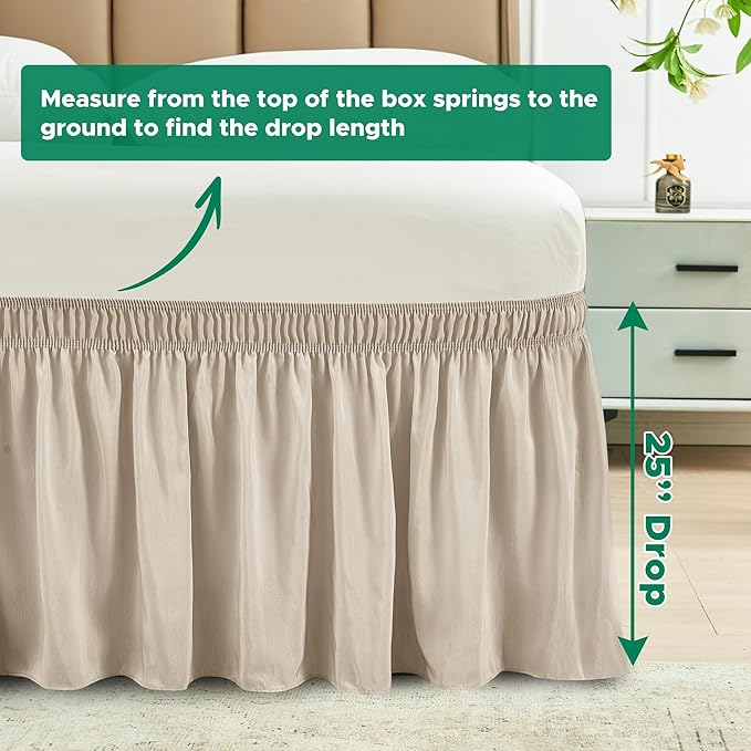 Biscaynebay Wrap Around Bed Skirts for King & Cal King Beds with Extra Long Drop of 25", Light Camel Adjustable Elastic Dust Ruffles Easy Fit Wrinkle Resistant Silky Luxurious Fabric Machine Washable