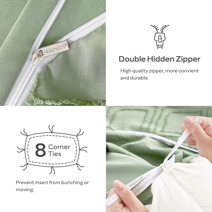JELLYMONI Duvet Cover Twin Size Light Green - 3PCS Boho Duvet Cover Set Plaid Polyester Tufted Bohemian Jacquard Knit Textured Comforter Cover 68×90in Rhombic Geometric Pattern Corner Ties & Zipper