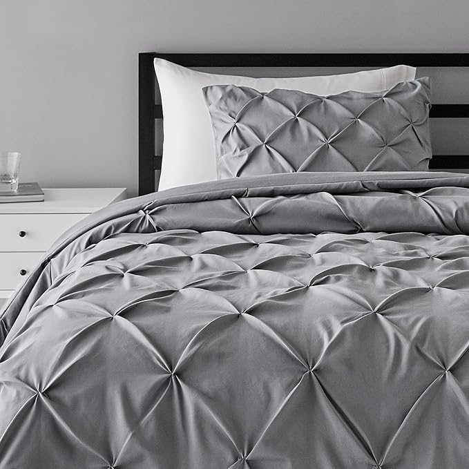 Amazon Basics 2 Piece Soft, Lightweight Down-Alternative All-Season Comforter and Bedding Set, Pinch Pleat, Twin/TwinXL, Dark Grey