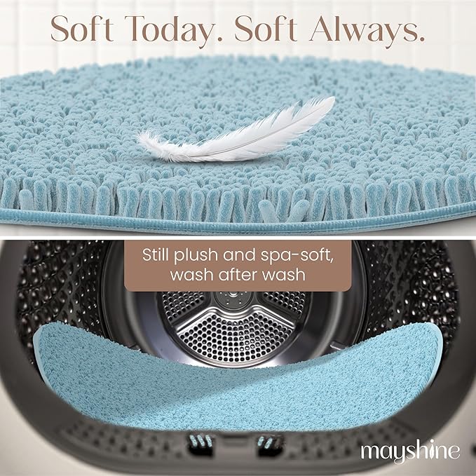 MAYSHINE Round Area Rug Set for Bathroom | Soft Plush Chenille Bath Mat, Water Absorbent Non-Slip Bathroom Rug | Washable Shag Carpet for Shower, Bedroom, or Home Décor | 48"x48" (Round) | Spa Blue'