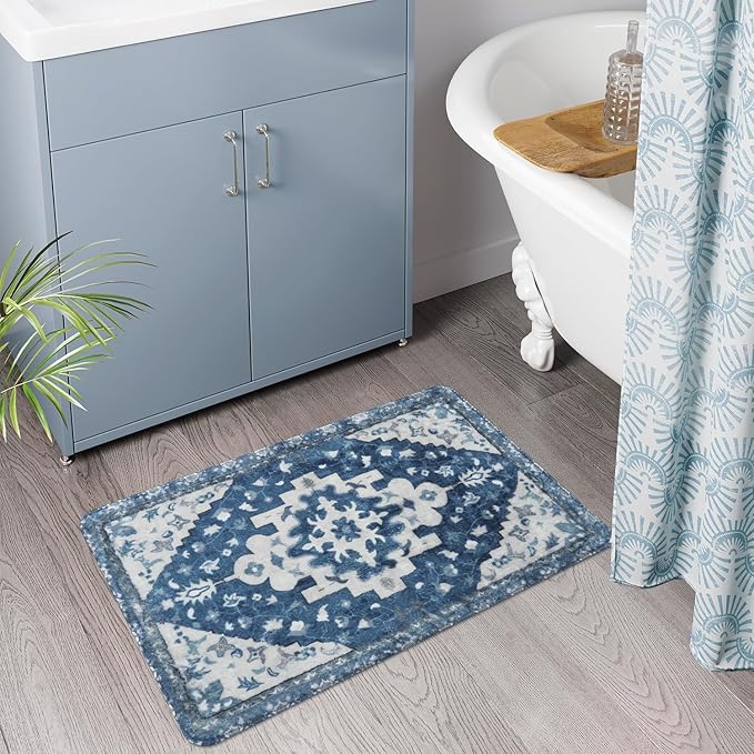 Uphome Boho Bathroom Rugs Blue Vintage Non-Slip Bath Rug Oriental Soft Machine Washable Bathroom Mat Cute Tribal Floral Bath Mats for Bathroom Decor for Sink Shower Toilet, 20x31 inch