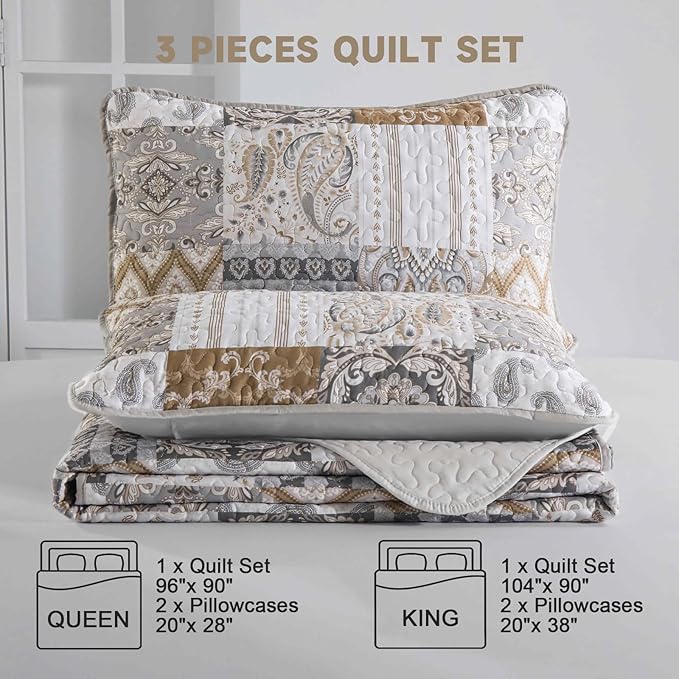 WONGS BEDDING Brown Quilt Set Queen Size, Patchwork Plaid Bedspread Bedding Sets Paisley Soft Microfiber Quilts for Queen Bed 3 Pieces Coverlet Set for All Season (96"x90")