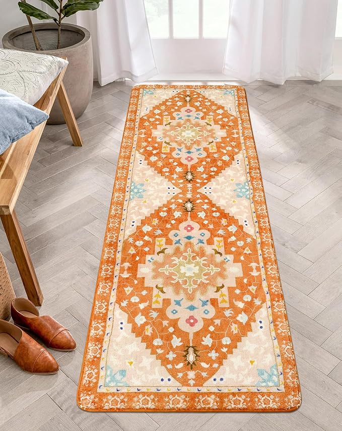 Uphome Boho Hallway Runner Rug Orange Non-Slip Soft Bathroom Rugs Oriental Machine Washable Runner Rug Rustic Tribal Floral Home Decor Carpet for Bedroom Kids Room Entryway, 24x71 inch