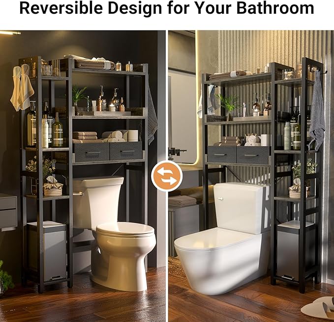 Over The Toilet Storage with 2 Drawers - 7 Tier Bathroom Organizer with Adjustable Shelf, Freestanding Space Saver Storage Rack Above Toilet Stand with 4 Hooks for Restroom, Laundry, Grey Oak