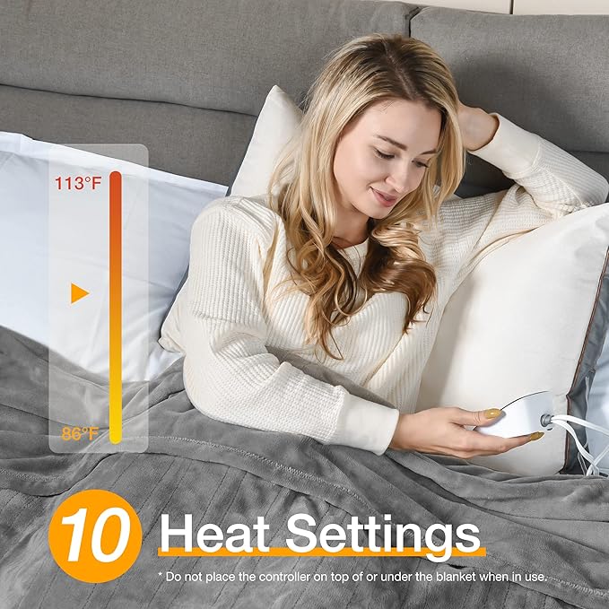 WOOMER Heated Blanket Queen Size,Durable Flannel and Soft Sherpa,Dual Control,84” × 90” Electric Blanket, 10 Heat Levels&0.5-12h auto-Off, Overheat Protection,Energy Efficient