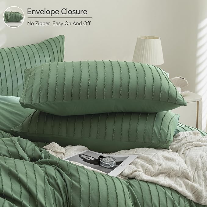 JELLYMONI Duvet Cover Twin Size Green - 3PCS Boho Striped Duvet Cover Set Polyester Tufted Bohemian Textured Comforter Cover 68×90in with Corner Ties & Zipper and 2 Pillowcases