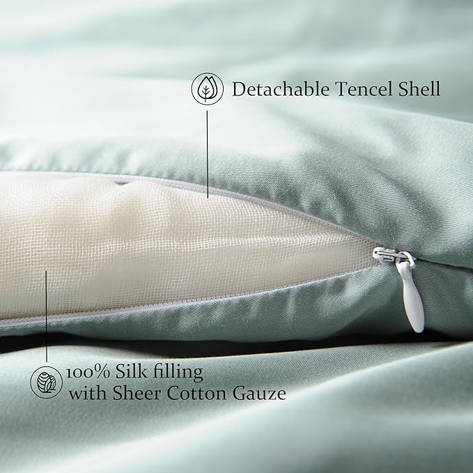 CUDDLE DREAMS Silk Filled Comforter for All Season, Detachable Tencel Duvet Cover for Easy Care, Naturally Breathable (Celadon, King)
