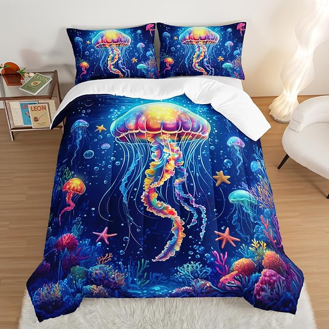 Fantasy Jellyfish Comforter Full Bedding Sets for Girls Kids Toddlers,Coral Starfish Ocean Theme Bedroom Decor,Blue Underwater World Bedding Sets with 2 Pillowcases.