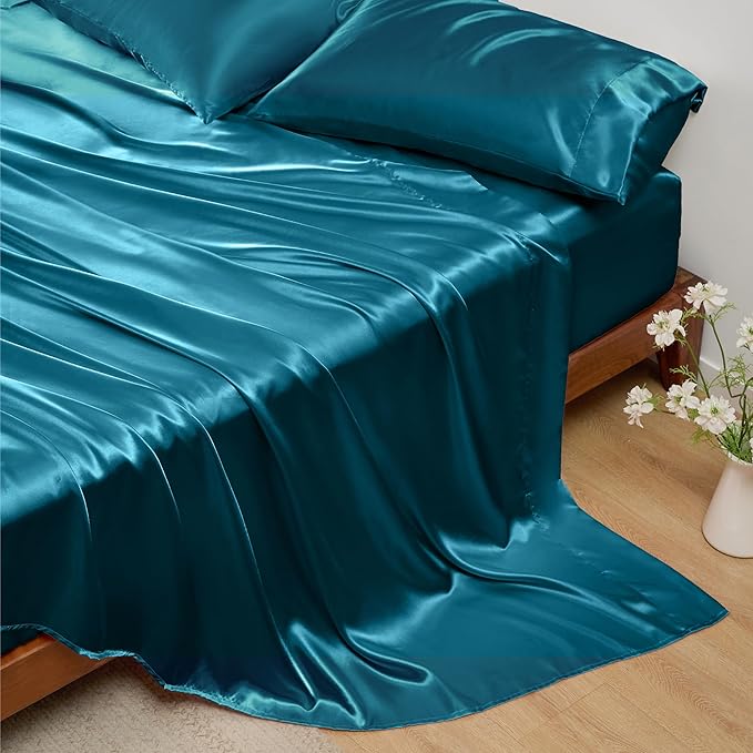Bedsure Satin Sheets Queen Size - 4 Piece Silky Bedsheets with 15 Inches Deep Pocket Fitted Bedsheet,1 Flat Sheet, 2 Satin Pillowcases, Good for Hair & Skin (Queen, Teal)