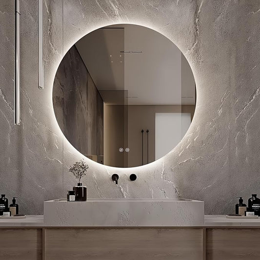 Round LED Mirror for Bathroom, 36" Circle Frameless Backlit Mirror with Lights, Wall Mounted Vanity Mirror, 3 Colors, Dimmable, Anti-Fog, IP65 Waterproof, Memory Function, UL Listed