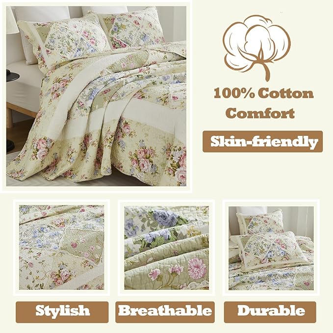Brandream Patchwork Quilts Cotton Queen Size Country Rustic Rose Floral Bedding Coverlet Set 3-Piece Pale Yellow