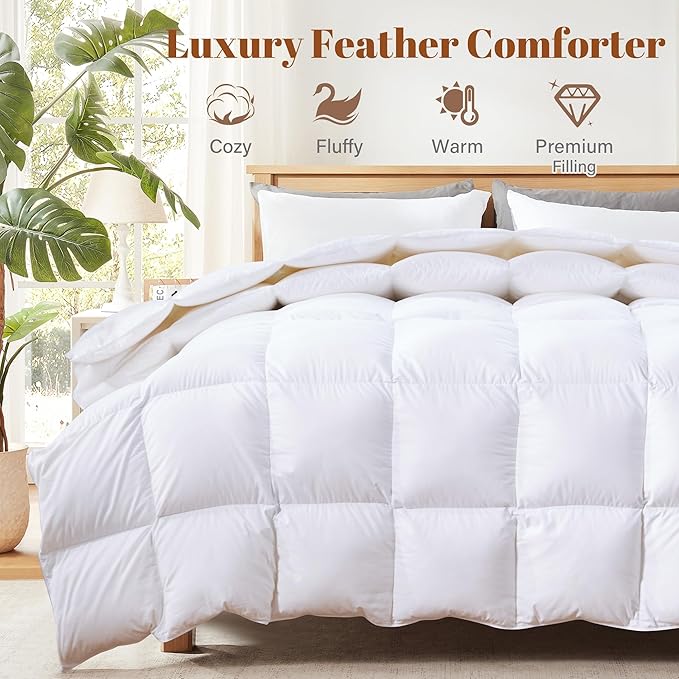 Cosybay Oversized Queen Size Feather Down Fiber Comforter - Ultra Soft 100% Cotton Duvet Insert, All Season Hotel Luxury Bedding Comforter with Corner Tabs, 98"x98" White