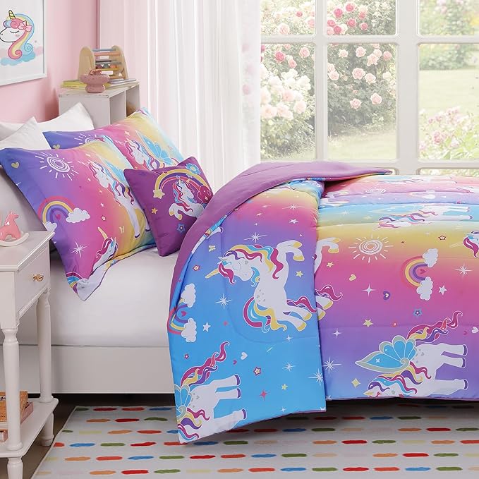 Full Size Comforter Set for Girls-4 Pieces Rainbow Unicorn Full Bedding Sets for Kids, 1 Comforter, 2 Shams and 1 Decor Pillow