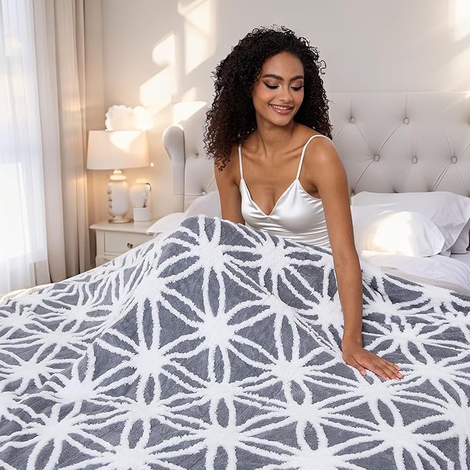 Electric Heated Blanket Full Size 50"x60" Ultra Soft Sherpa Fleece with Elegant Prints, 5 Heat Levels & 3H Auto-Off, Fast Heating for Cozy Winter Comfort, Grey & White