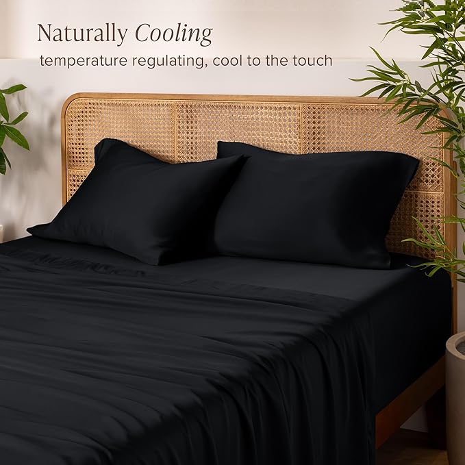 Bare Home 100% Rayon Made from Bamboo Luxury Sheet Set - 4 Piece Bedding Set - Deep Pockets - Cooling Sheets - Breathable - Easy Fit - Soft Bedding Sheets & Pillowcases (Split Head Flex King, Black)