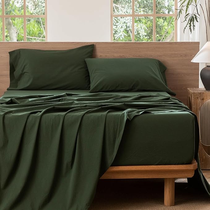 MooMee Bedding Sheet Set 100% Washed Cotton Linen Like Textured Breathable Durable Soft Comfy (Solid Forest Green, Queen)