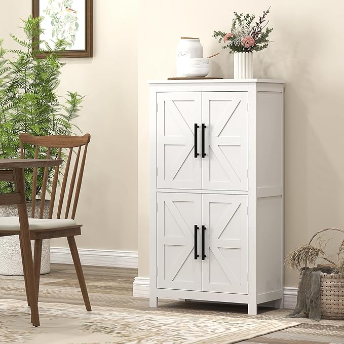 HOMCOM Farmhouse Bathroom Storage Cabinet with 4 Barn Doors, Bathroom Floor Cabinet with 2 Adjustable Shelf, Freestanding Storage Cupboard, White