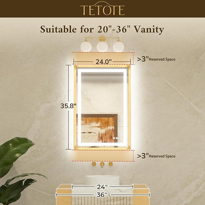TETOTE 24 x 36 Bathroom LED Mirror Brushed Gunmetal Gray Frame Frontlit & Backlit Vanity Mirror Anti-Fog Stepless Dimmable 3 Colors White/Warm/Natural Wall-Mounted
