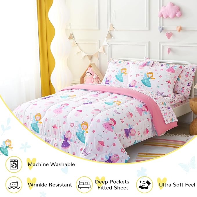 Viviland Kids Twin Bedding Sets for Girls, Soft Twin Comforter Set with Sheets, 5 Pieces Microfiber Bed in a Bag, Fairy Mushroom