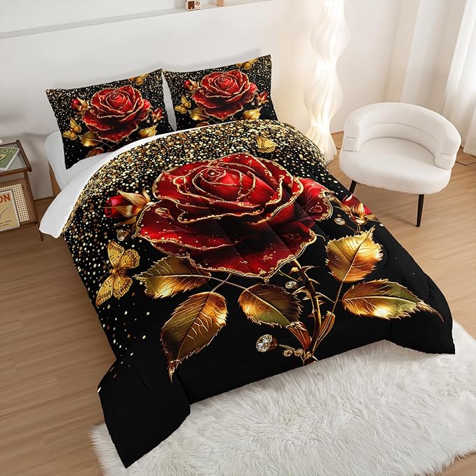 Gold Red Rose Comforter Set Queen Size,Golden Glitter Butterfly Pattern Bedding Set for Girls Women Couple Lover,Romantic Valentine's Day Floral Themed Bedding Set with 2 Pillowcases.