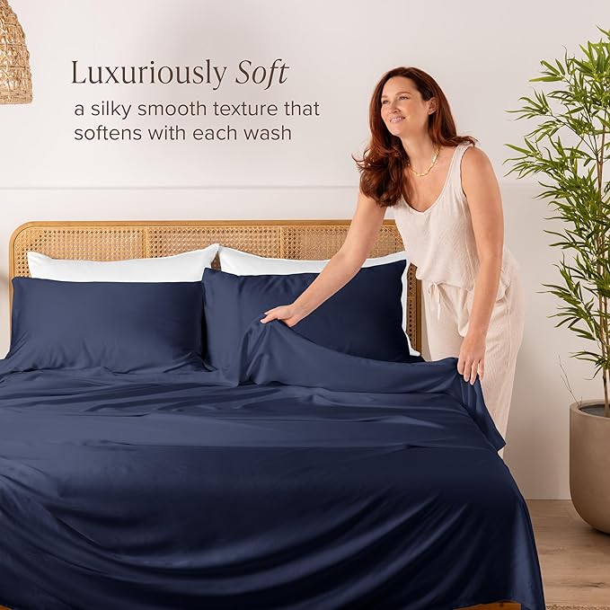 Bare Home 100% Rayon Made from Bamboo King Sheet Set - 4 Piece Bedding Set - Deep Pockets - Breathable - Easy Fit - Bedding Sheets & Pillowcases (King, Midnight Blue)