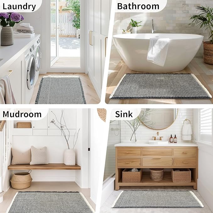 Waffle Bath Mat - Boho Bathroom Rugs Non Slip Washable, Super Absorbent & Quick Dry, Soft Bath Mat Farmhouse Bathroom Decor, 20'' x 32'', Dark Grey and White