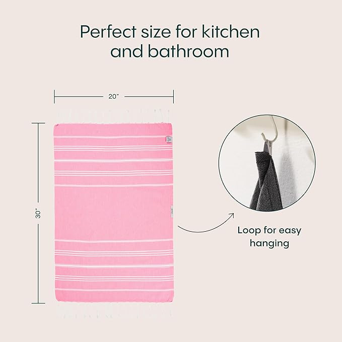 WETCAT Turkish Hand Towels with Hanging Loop, Set of 2 (20" x 30") 100% Turkish Cotton, Pre-Washed, Quick Drying, for Kitchen or Bathroom - Light Pink