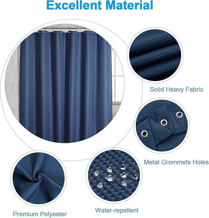 AmazerBath Waffle Shower Curtain, Navy Blue Fabric Shower Curtain with Waffle Weave, Heavy Duty Hotel Quality, 72 x 72 Inches