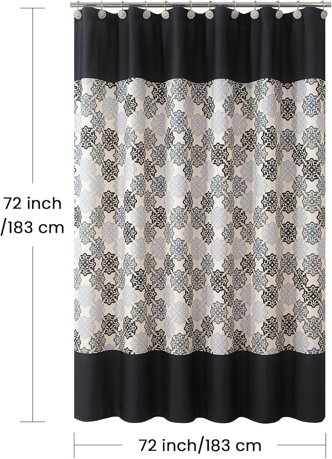 Fabric Shower Curtain, Black Beige Grey Boho Medallion Print Shower Curtains for Bathroom, 72" W x 72" H