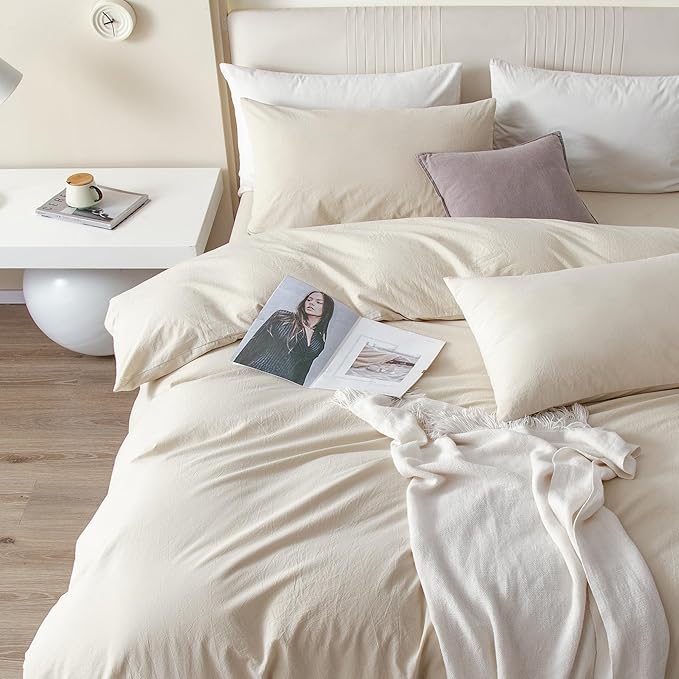 JIYUAN 100% Washed Cotton Duvet Cover Set 3 Pieces Cal King, 1 Duvet Cover 104x98 Inches (Comforter Not Included) and 2 Pillowcases,Linen Feel Bedding Set Comfy and Breathable,Heathered Beige
