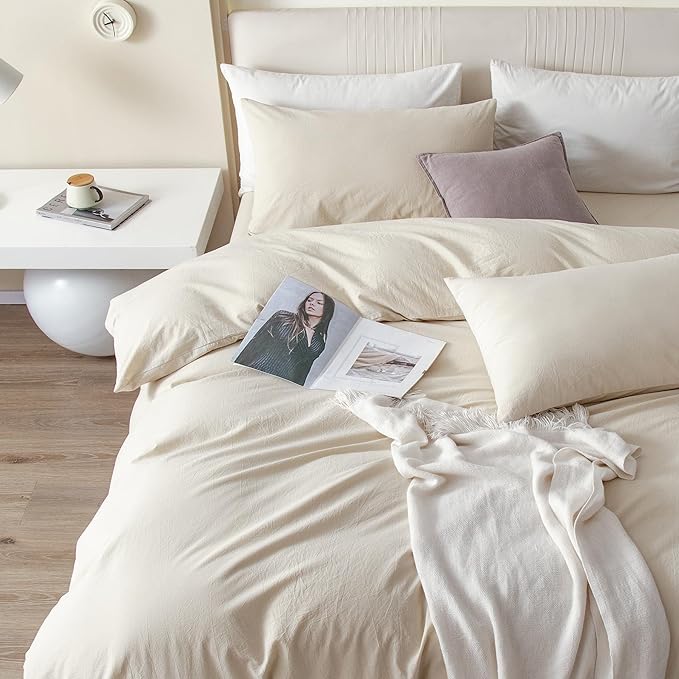 JIYUAN 100% Washed Cotton Duvet Cover Set 3 Pieces Super King, 1 Duvet Cover 108x98 Inches(Comforter Not Included) and 2 Pillowcases,Linen Feel Bedding Set Comfy and Breathable,Heathered Beige
