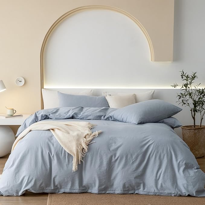 JIYUAN 100% Washed Cotton Duvet Cover Set 3 PCS Oversized King, 1 Duvet Cover 120"x98" (Comforter Not Included) and 2 Pillowcases,Linen Feel Bedding Set Comfy and Breathable, Heathered Light Blue
