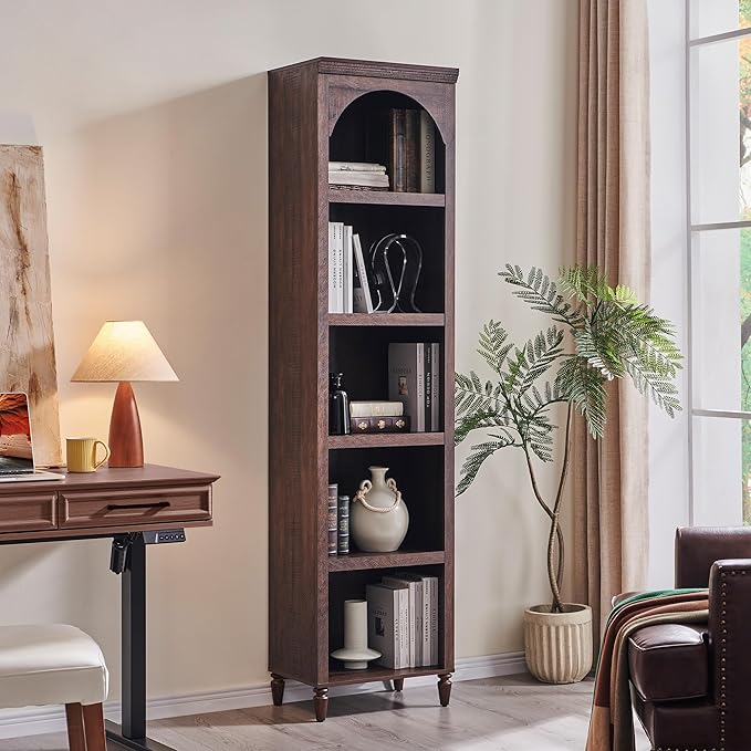 76" Tall Arched Bathroom Storage Cabinet, 5 Tiers Narrow Farmhouse Arched Cabinet w/Adjustable Shelves, Modern Wooden Storage Cabinet for Bathroom, Living Room, Entryway, Study Room (Brown)