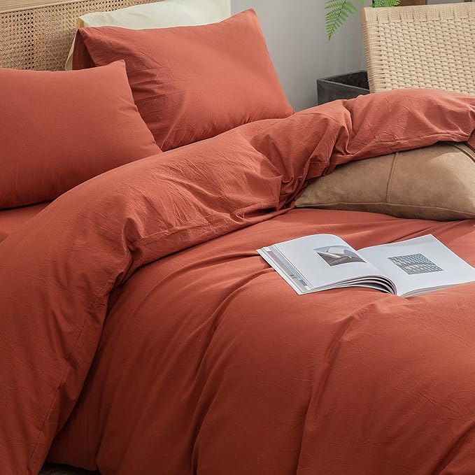 BESTOUCH Duvet Cover Set 100% Washed Cotton Linen Feel Super Soft Comfortable Chic Lightweight 2 PCs Home Bedding Set Solid Burnt Brick Red Twin/Twin XL