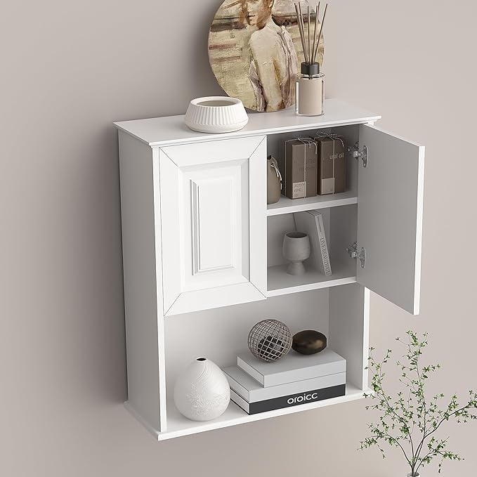 Bathroom Wall Cabinet Wooden with 2 Doors,Over the Toilet Storage Cabinet,Bathroom and Laundry Wall Mount Storage Medicine Cabinet with Open and Adjustable Shelf,Easy Assembly (Style B-1 PC, White)