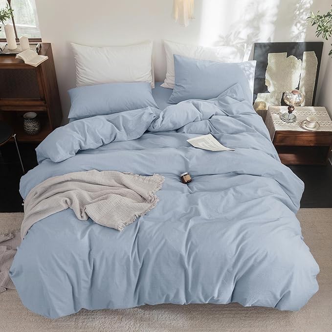 FOSSA Duvet Cover Set 100% Washed Cotton Linen Feel Super Soft Breathable Cozy 3 Pieces Bedding Sets Solid Sky Blue King