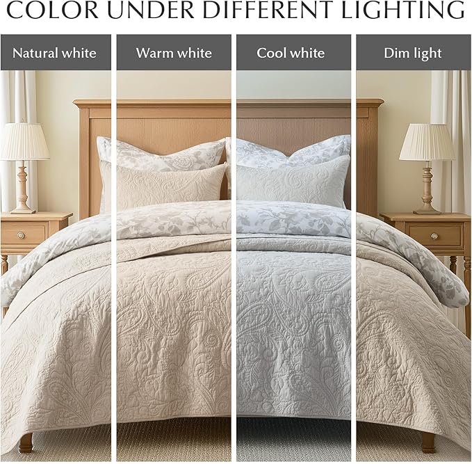 EVERGRACE 100% Cotton Paisley Quilt Set, Queen Size 3 Piece Set – Prewashed Lightweight Bedspread with 2 Shams, Soft & Breathable Matelasse Coverlet for All-Season Comfort, Flax Beige