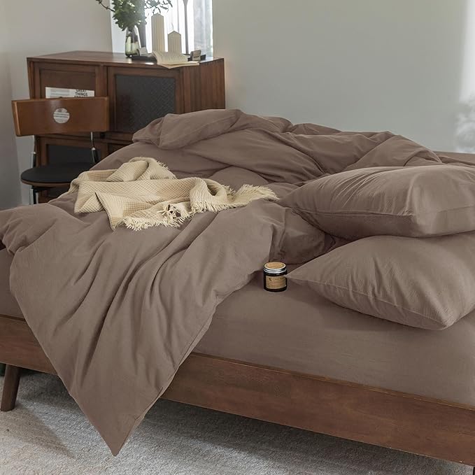 FOSSA Duvet Cover Set 100% Washed Cotton Linen Feel Super Soft Breathable Cozy 3 Pieces Bedding Sets Solid Pale Brown California King