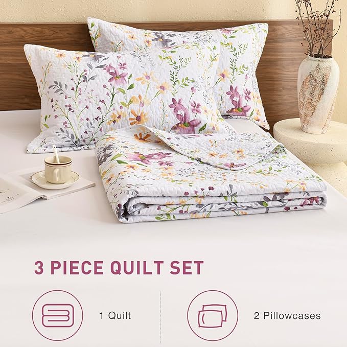 Lady Ann 100% Cotton Cal King Quilt Set - Yellow Flower Botanical Pattern Printed Quilted 118x106 Bedspread Set,Vintage Coverlet Ultra Soft Bedspread Set with Pillow Shams Al Season,3 PCS